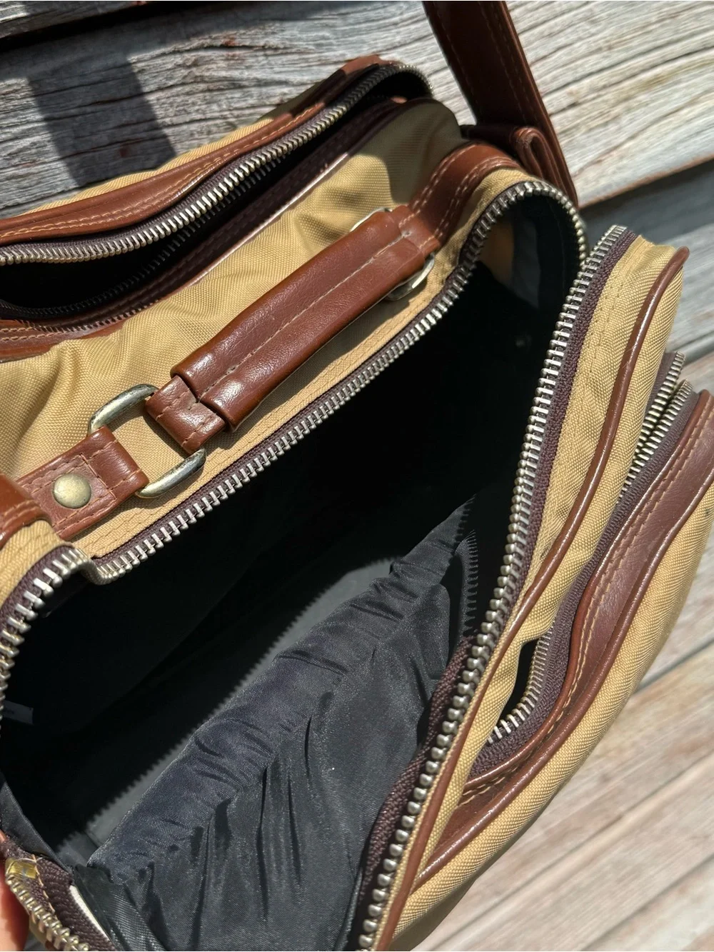 Canvas Travel Messenger Camera Bag, Tan and Brown, zippered, vintage retro